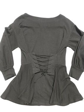 For The Republic Black Boat Neck Top with Peplum and Lace-up Back